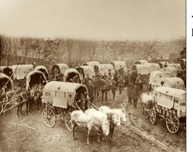 Санитарный обоз для перевозки раненых русской армии. На обозе номер и надпись: «Графиня Е.Н. Адлерберг»